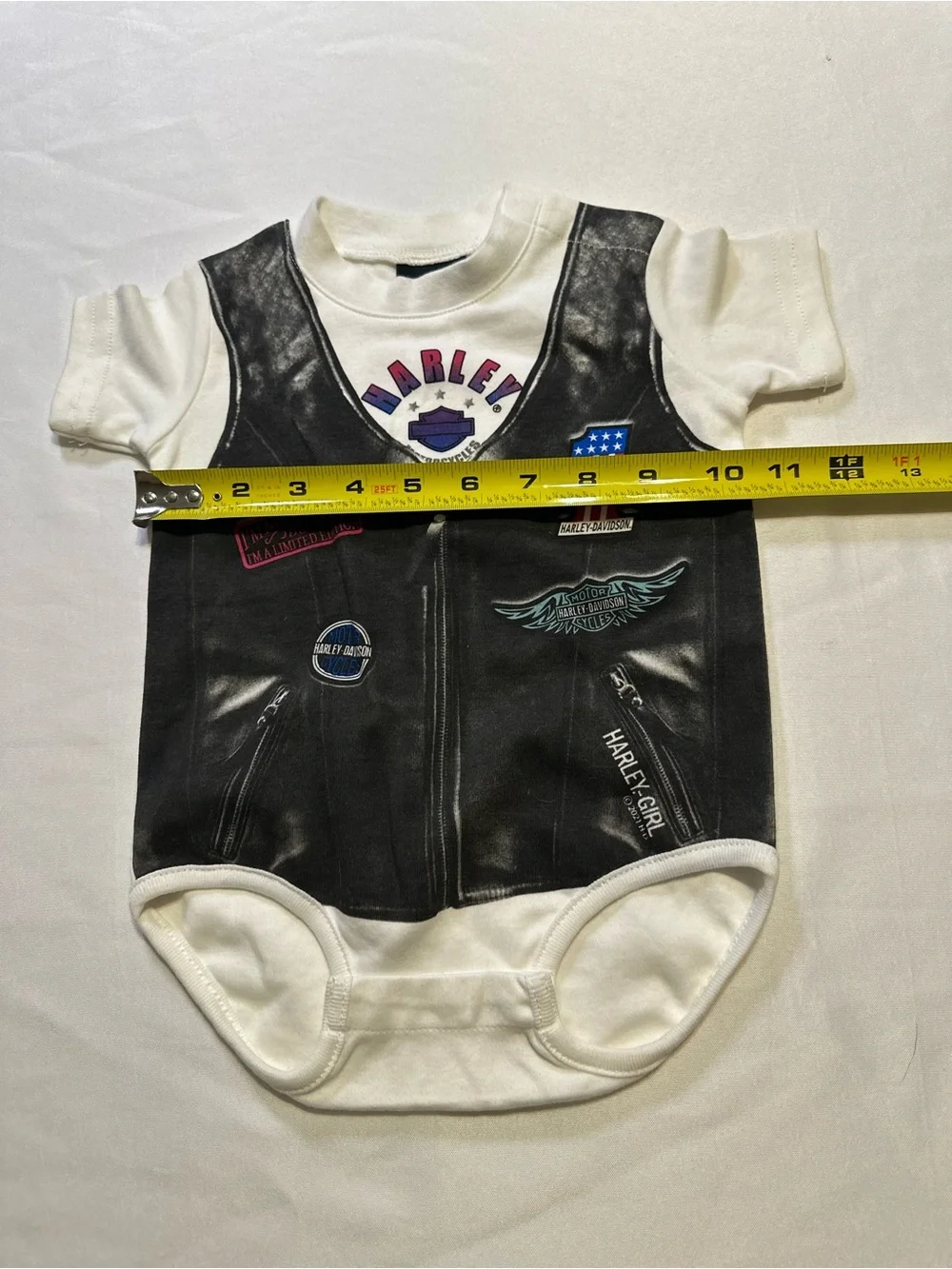 Harley-Davidson White Bodysuit with Black Faux Leather Vest Print onesie